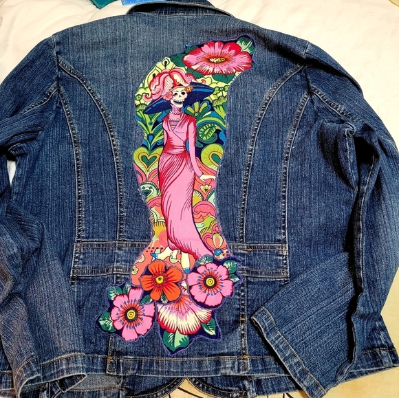Las 3 Catrinas Frida Kahlo Inspired Upcycled denim Jacket Day of the dead - Picture 6 of 6
